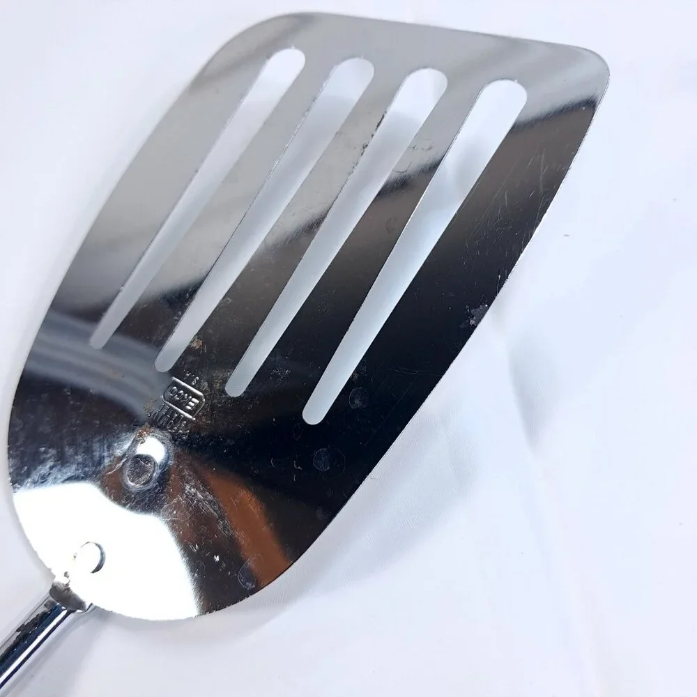 Vintage EKCO USA Chromium Plated Slotted Spatula turner Avocado‎ Green Handle